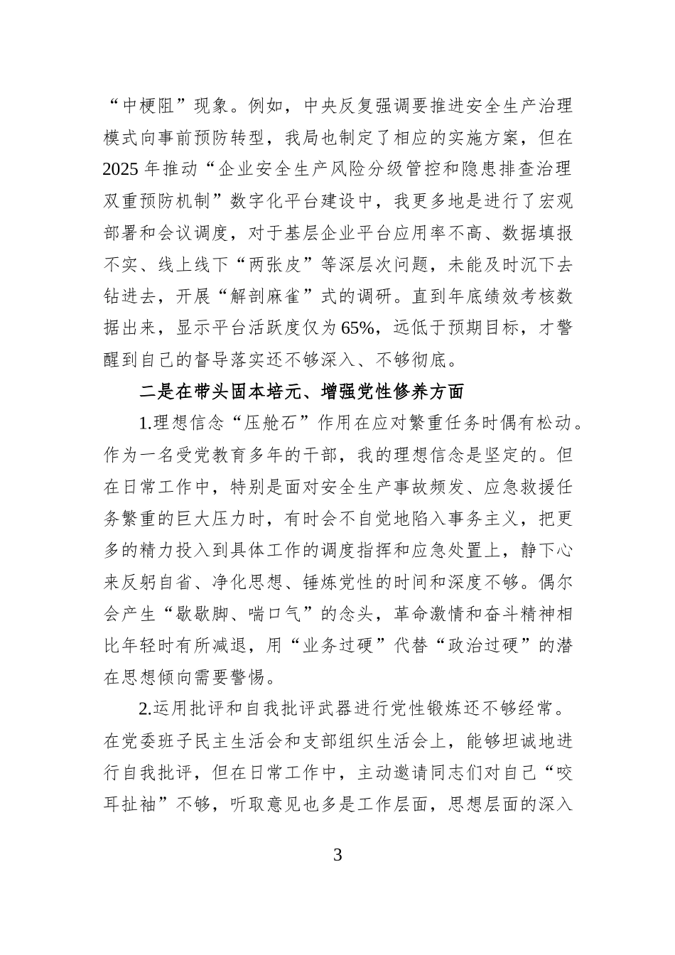 市应急管理局党委书记2025年度民主生活会上的个人对照检查材料.docx_第3页