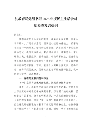 县教育局党组书记2025年度民主生活会对照检查发言提纲.docx
