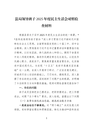 县局领导班子2025年度民主生活会对照检查材料.docx