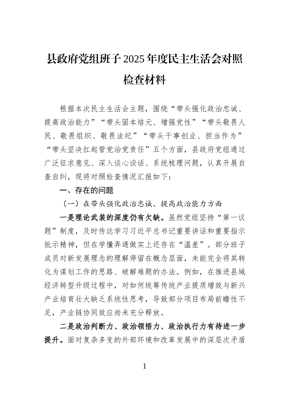 县政府党组班子2025年度民主生活会对照检查材料.docx_第1页