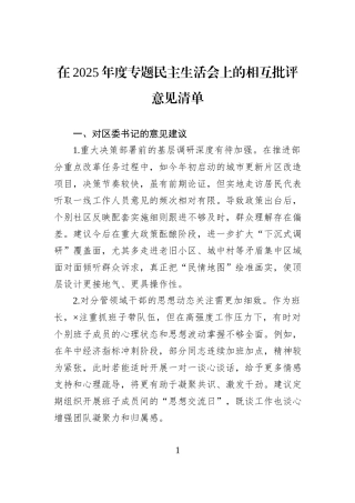 在2025年度专题民主生活会上的相互批评意见清单.docx