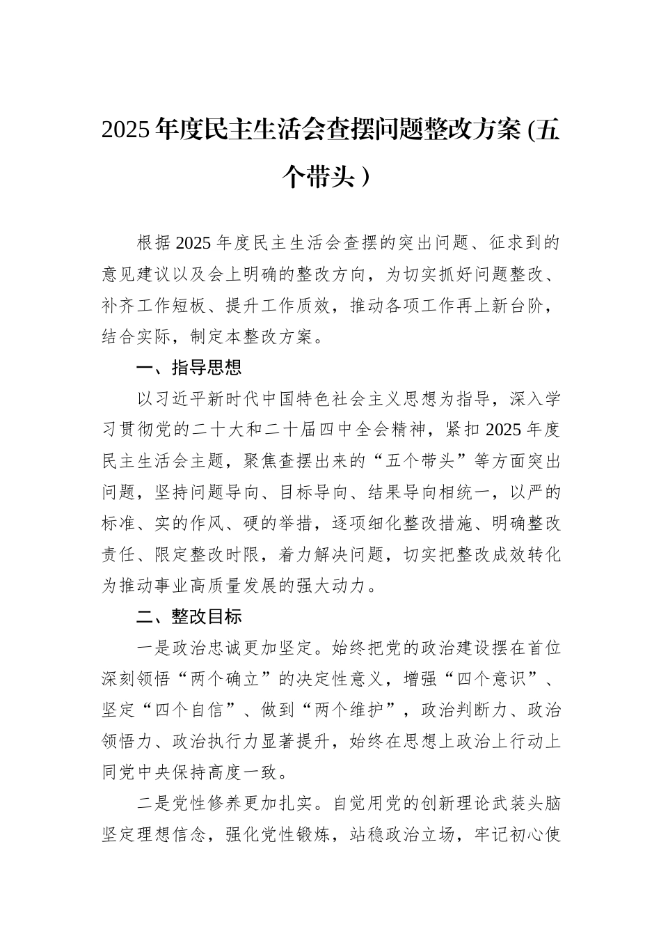 2025年度民主生活会查摆问题整改方案+(五个带头）.docx_第1页