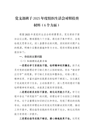 党支部班子2025年度组织生活会对照检查材料（6个方面）.docx