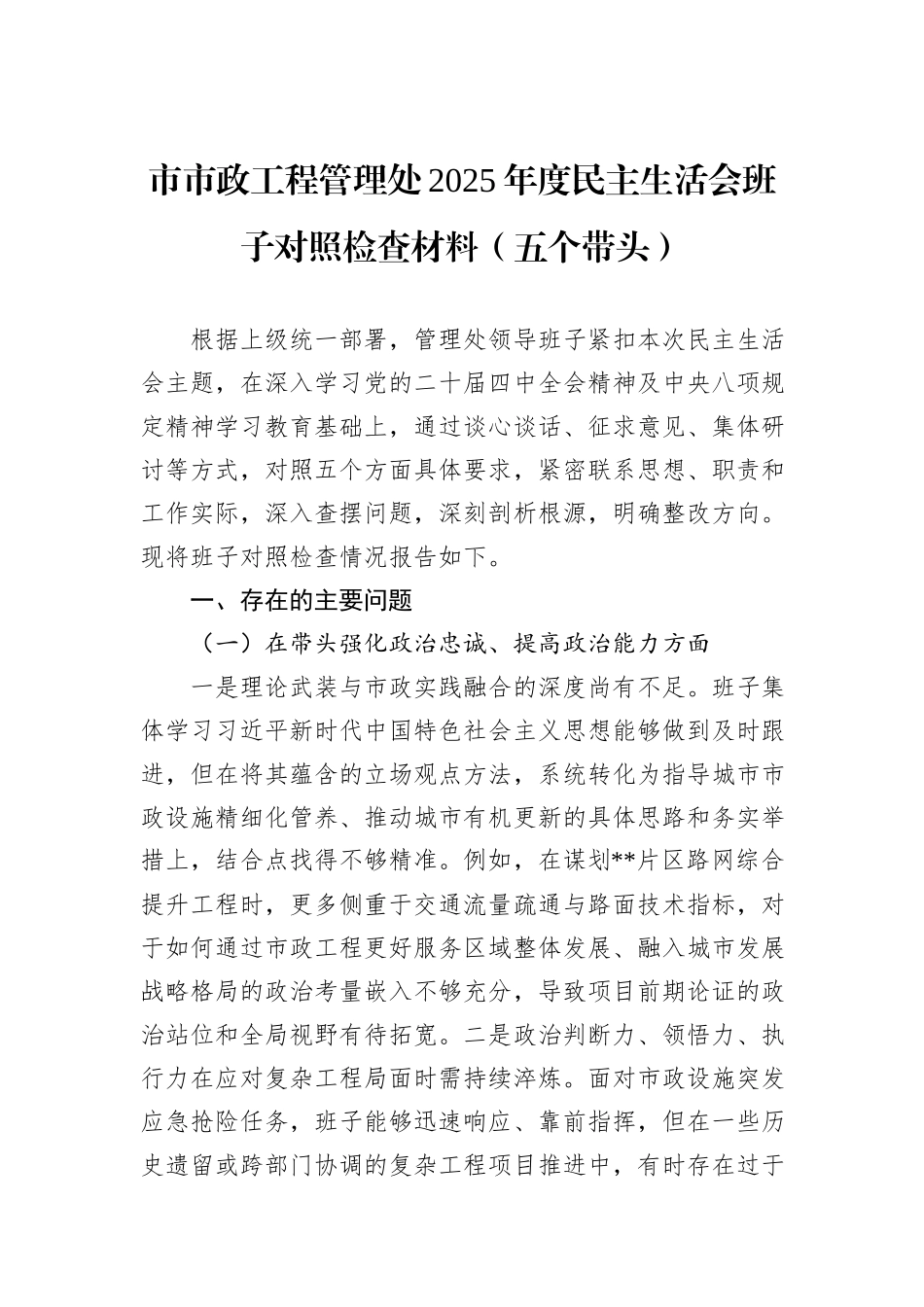市市政工程管理处2025年度民主生活会班子对照检查材料（五个带头）.docx_第1页