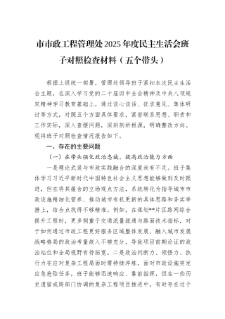 市市政工程管理处2025年度民主生活会班子对照检查材料（五个带头）.docx