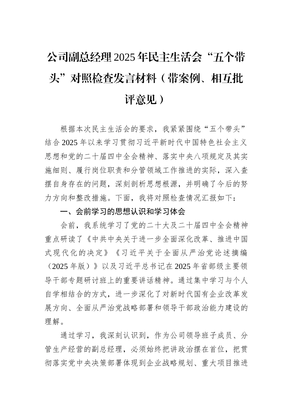 公司副总经理2025年民主生活会“五个带头”对照检查发言材料（带案例、相互批评意见）.docx_第1页