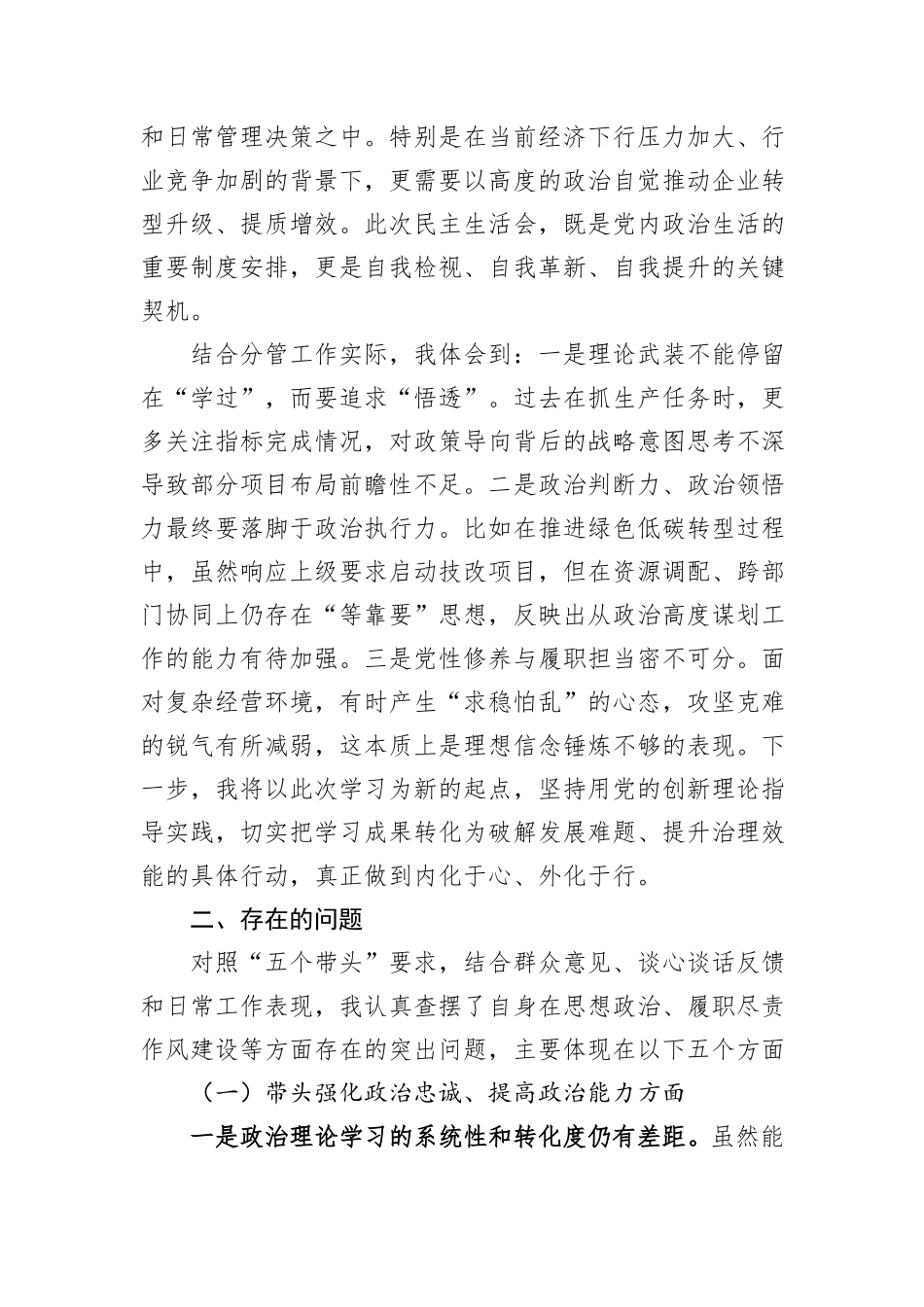 公司副总经理2025年民主生活会“五个带头”对照检查发言材料（带案例、相互批评意见）.docx_第2页