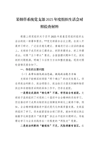 某烟草系统党支部2025年度组织生活会对照检查材料.docx