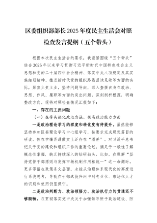 区委组织部部长2025年度民主生活会对照检查发言提纲（五个带头）.docx