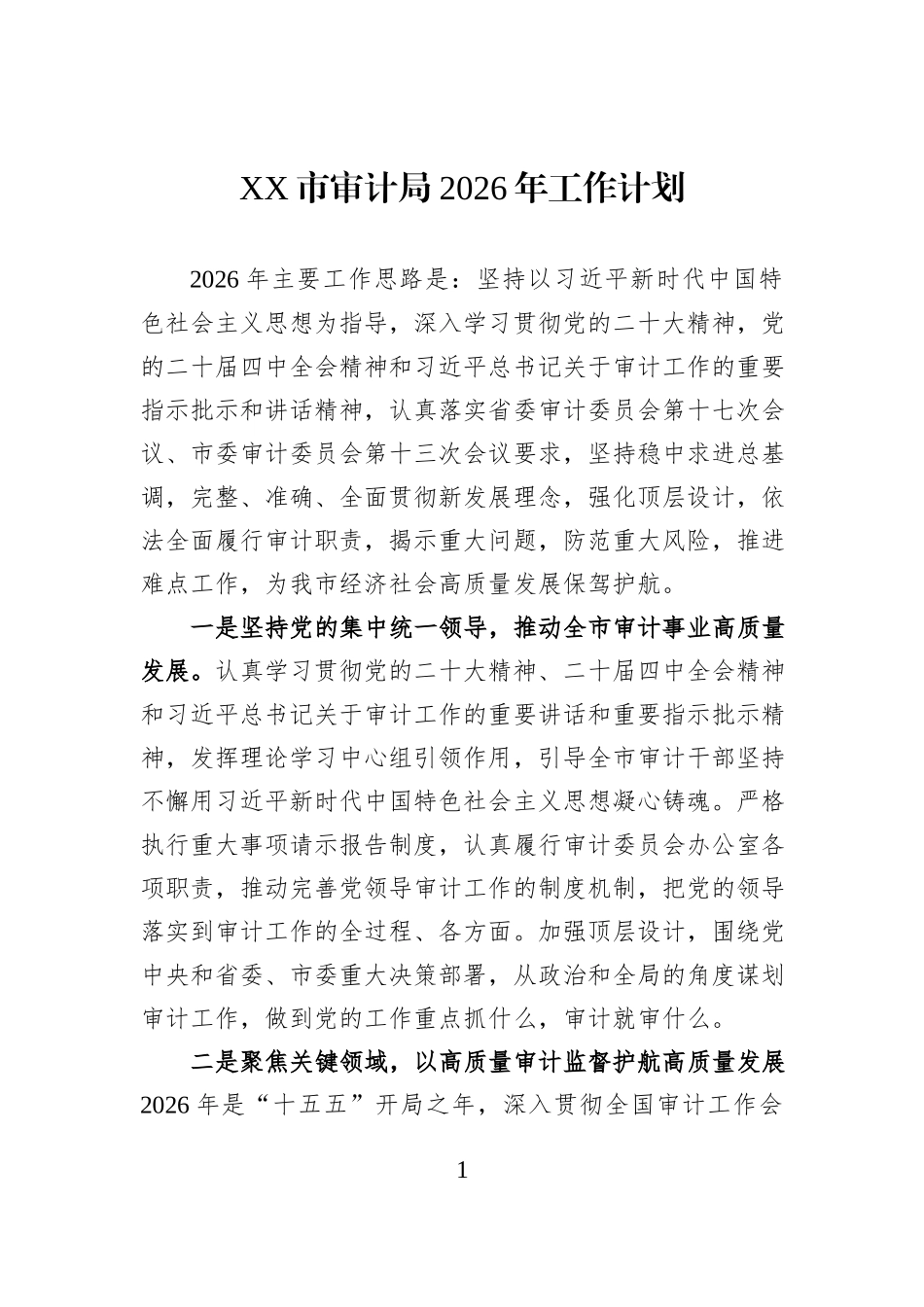 XX市审计局2026年工作计划.docx_第1页