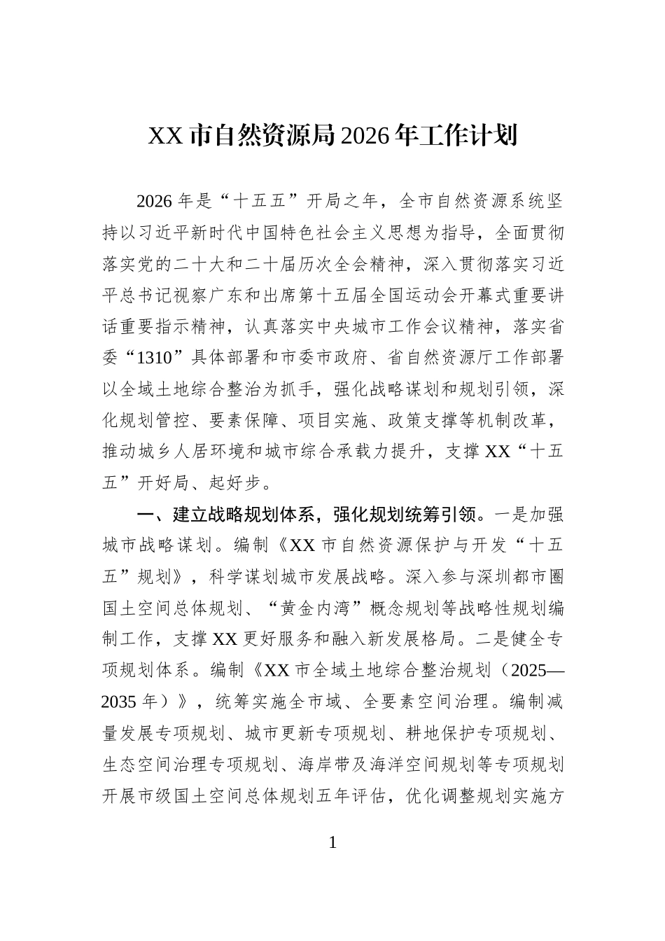 XX市自然资源局2026年工作计划.docx_第1页