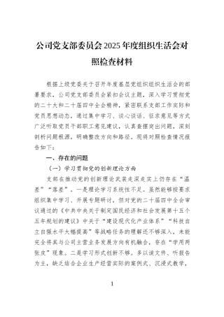 公司党支部委员会2025年度组织生活会对照检查材料.docx
