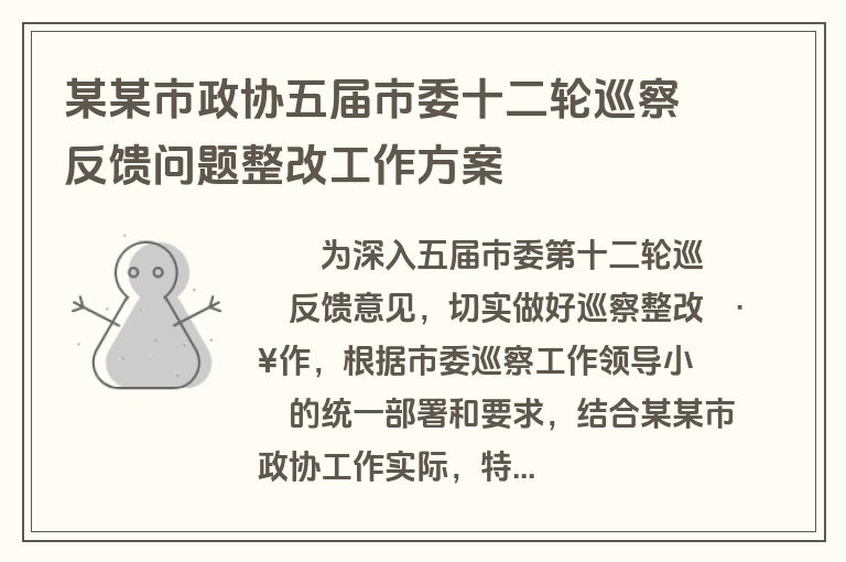 某某市政协五届市委十二轮巡察反馈问题整改工作方案