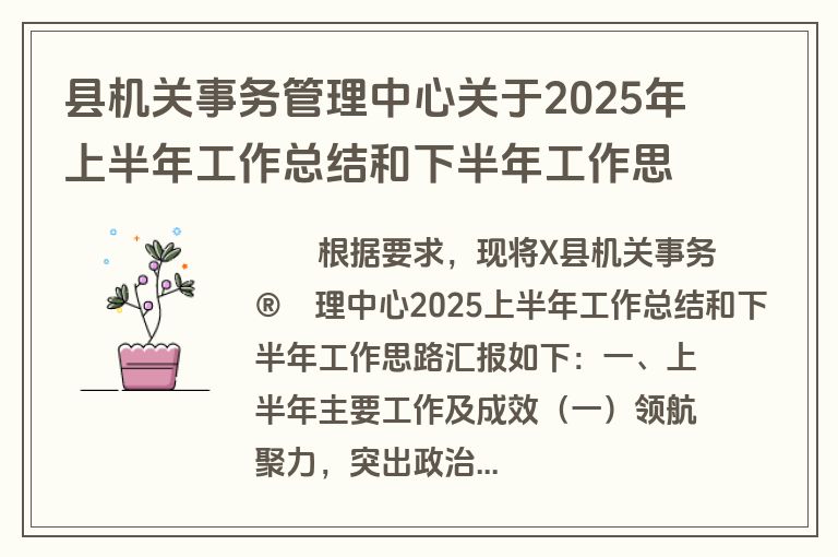 县机关事务管理中心关于2025年上半年工作总结和下半年工作思路的报告